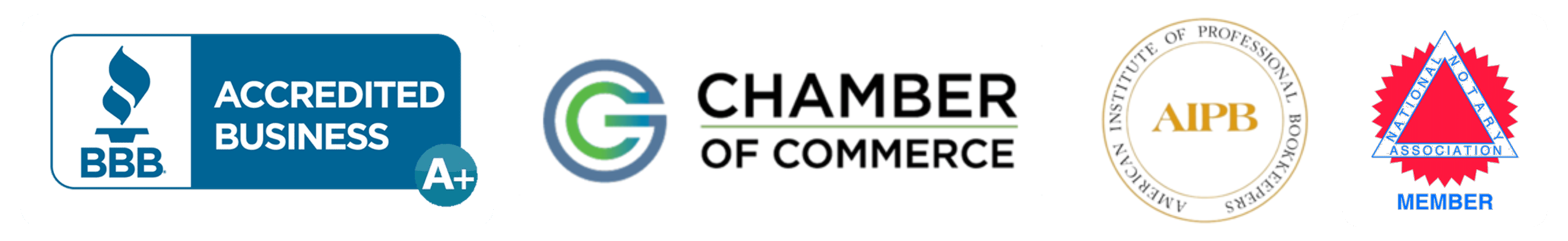 BBB Accredited Business A+, Chamber of Commerce, American Institute of Professional Bookkeepers, and National Notary Association Member